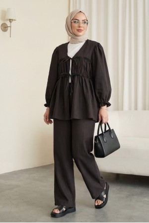 Önü Bağcıklı Büzgülü Kolu Lastikli Modal Takım  -K. Kahve
