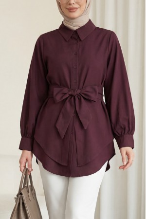 Kendinden Kuşaklı Poplin Tunik -Mürdüm