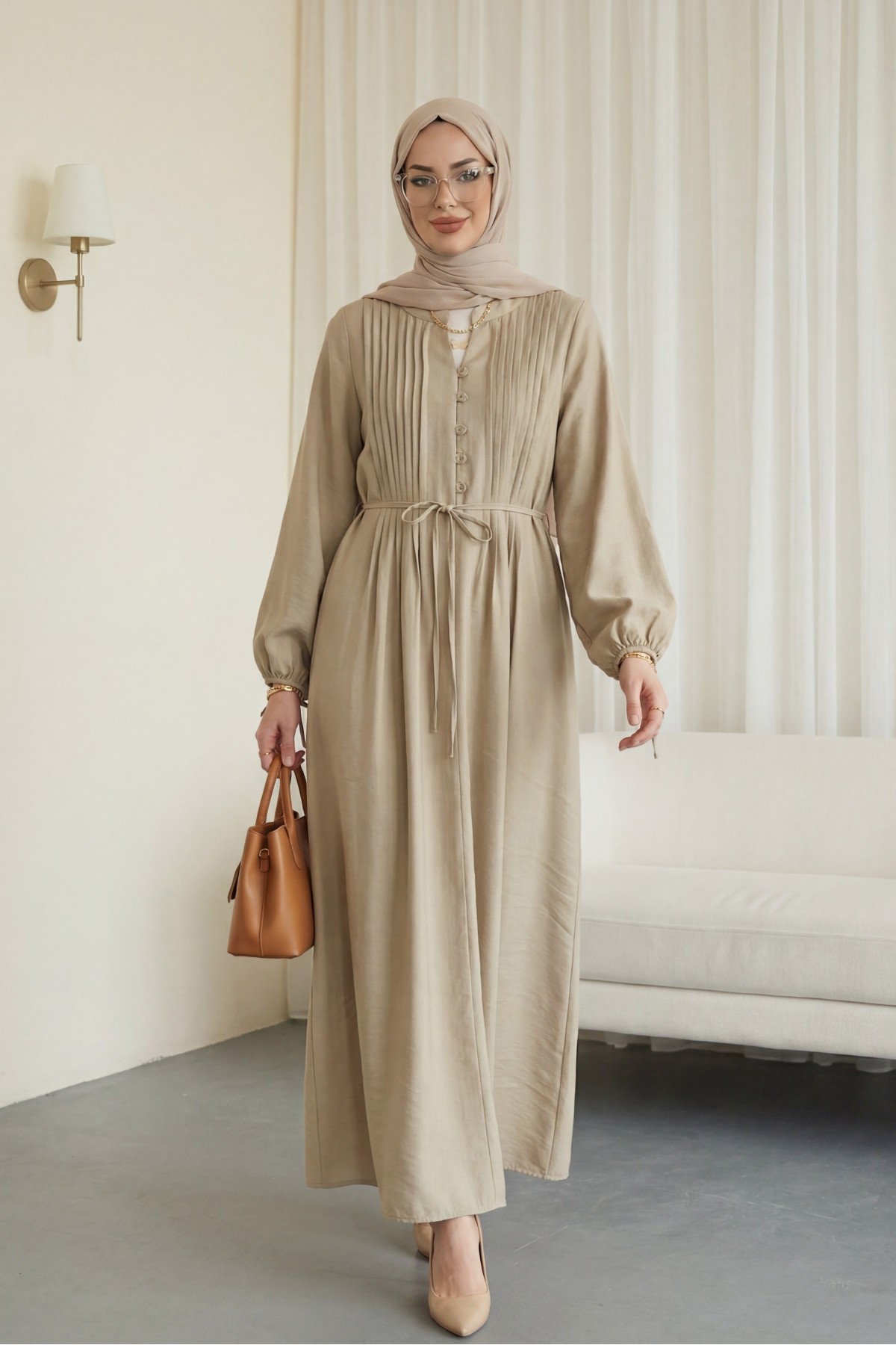 Half-Button Ribbed Lace-Up Tencel Dress - Beige