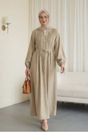 Yarım Düğmeli Nervürlü Bağcıklı Tensel Elbise -Bej