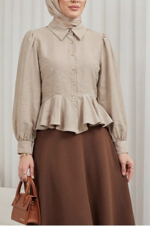 Taşlı Düğmeli Volan Detaylı Modal Gömlek Bluz -Bej