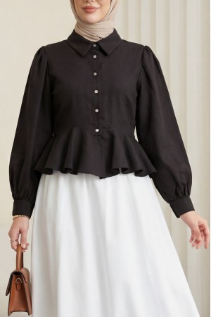 Taşlı Düğmeli Volan Detaylı Modal Gömlek Bluz -K. Kahve