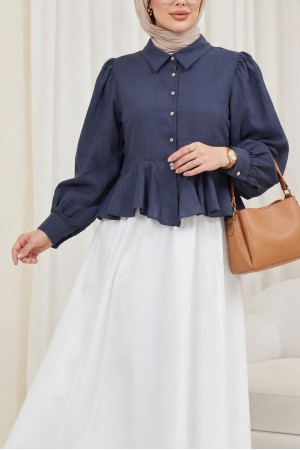 Taşlı Düğmeli Volan Detaylı Modal Gömlek Bluz -Laci