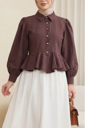 Taşlı Düğmeli Volan Detaylı Modal Gömlek Bluz -Mürdüm