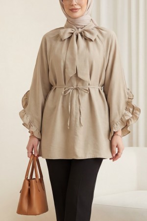 Yakası Bağcıklı Fermuarlı Kolu Fırfırlı Kemerli Modal Tunik -Bej