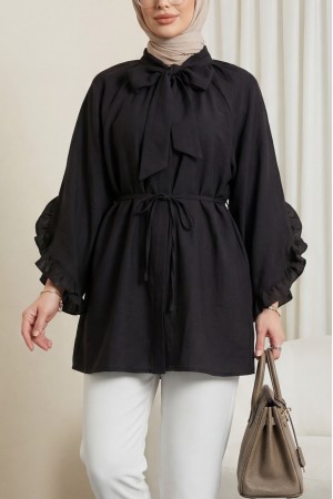 Yakası Bağcıklı Fermuarlı Kolu Fırfırlı Kemerli Modal Tunik -K. Kahve