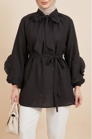 Yakası Bağcıklı Fermuarlı Kolu Fırfırlı Kemerli Modal Tunik -K. Kahve