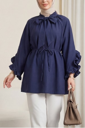 تونيك من قماش المودال بياقة برباط، وسحاب، وأكمام مكشكشة، وحزام. -كحلي