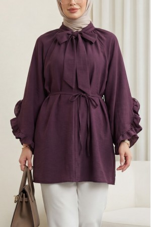 Yakası Bağcıklı Fermuarlı Kolu Fırfırlı Kemerli Modal Tunik -Mürdüm