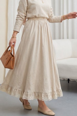 Dantel İşlemeli Beli Lastikli Etek   -Bej