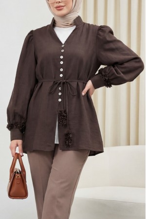 V Yaka Kolu Çiçekli Düğmeli Bağcıklı Modal Gömlek -K. Kahve
