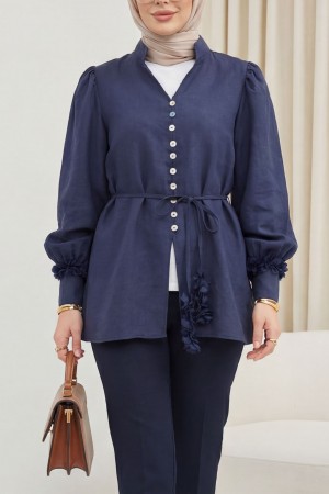 V Yaka Kolu Çiçekli Düğmeli Bağcıklı Modal Gömlek -Laci