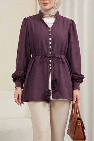 V Yaka Kolu Çiçekli Düğmeli Bağcıklı Modal Gömlek -Mürdüm