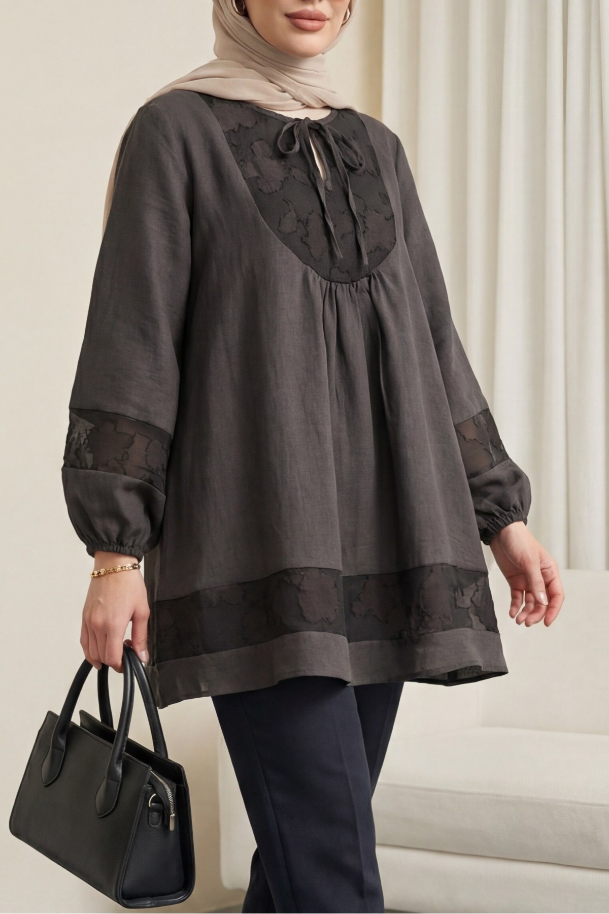 Modal Tunic with Tie Neckline and Elasticated Sleeves -Dark Coffee