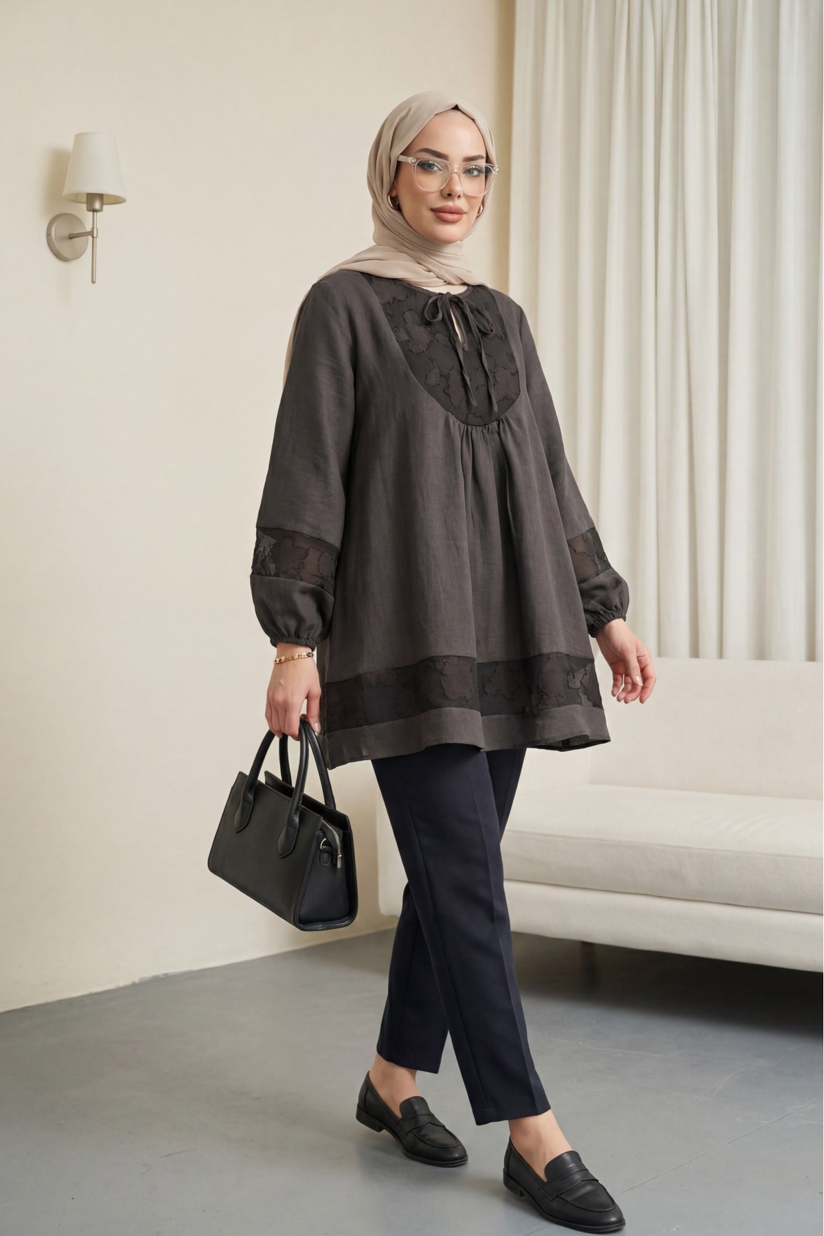 Modal Tunic with Tie Neckline and Elasticated Sleeves -Dark Coffee
