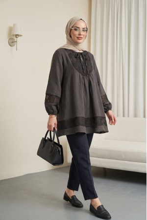 Modal Tunic with Tie Neckline and Elasticated Sleeves -Dark Coffee