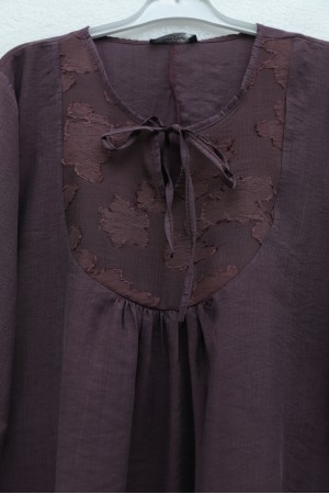 Yakası Bağlamalı Kolu Lastikli Garnili Modal Tunik  -Mürdüm