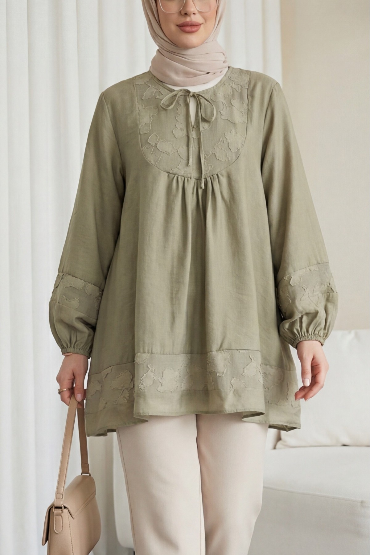 Modal Tunic with Tie Neckline and Elasticated Sleeves -Olive