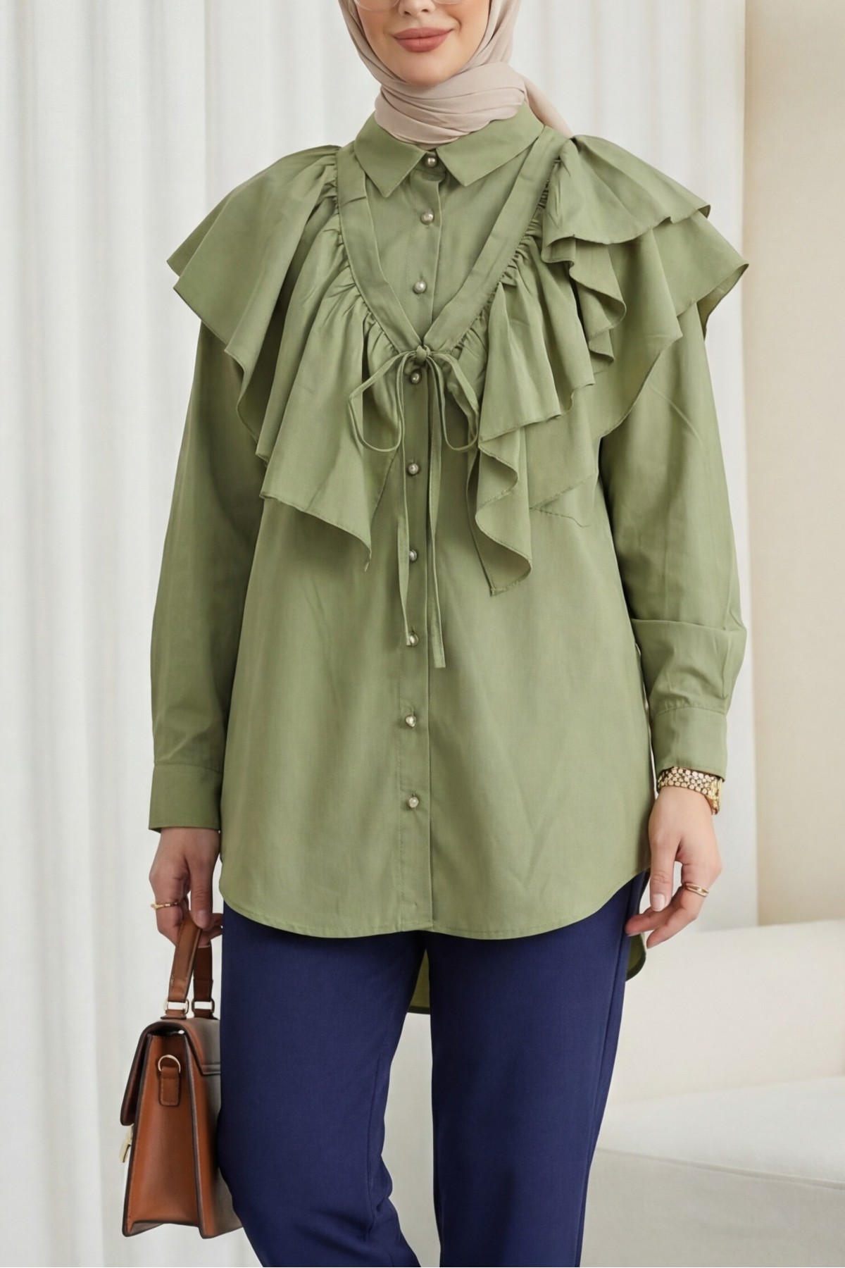 Oval Cut Poplin Tunic with Cape Detail and Button Closure -Cagla Green