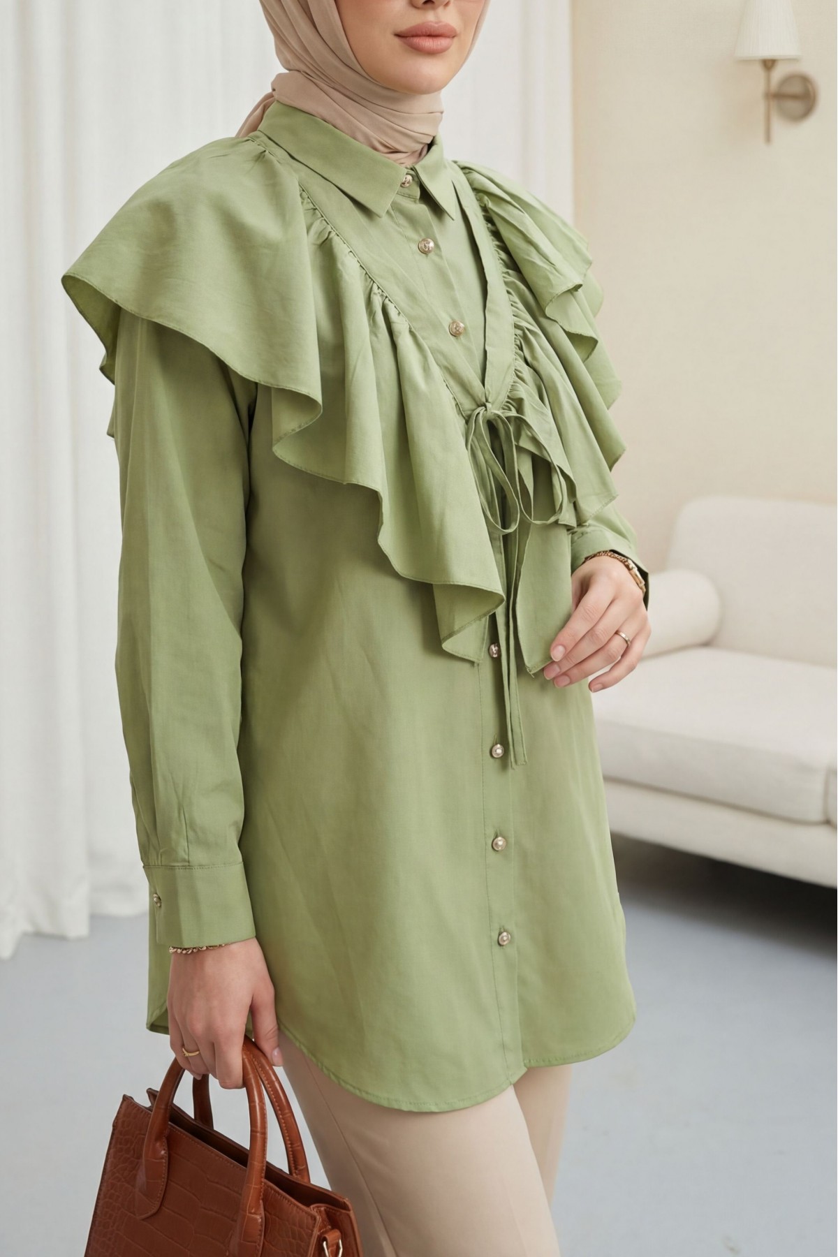 Oval Cut Poplin Tunic with Cape Detail and Button Closure -Cagla Green