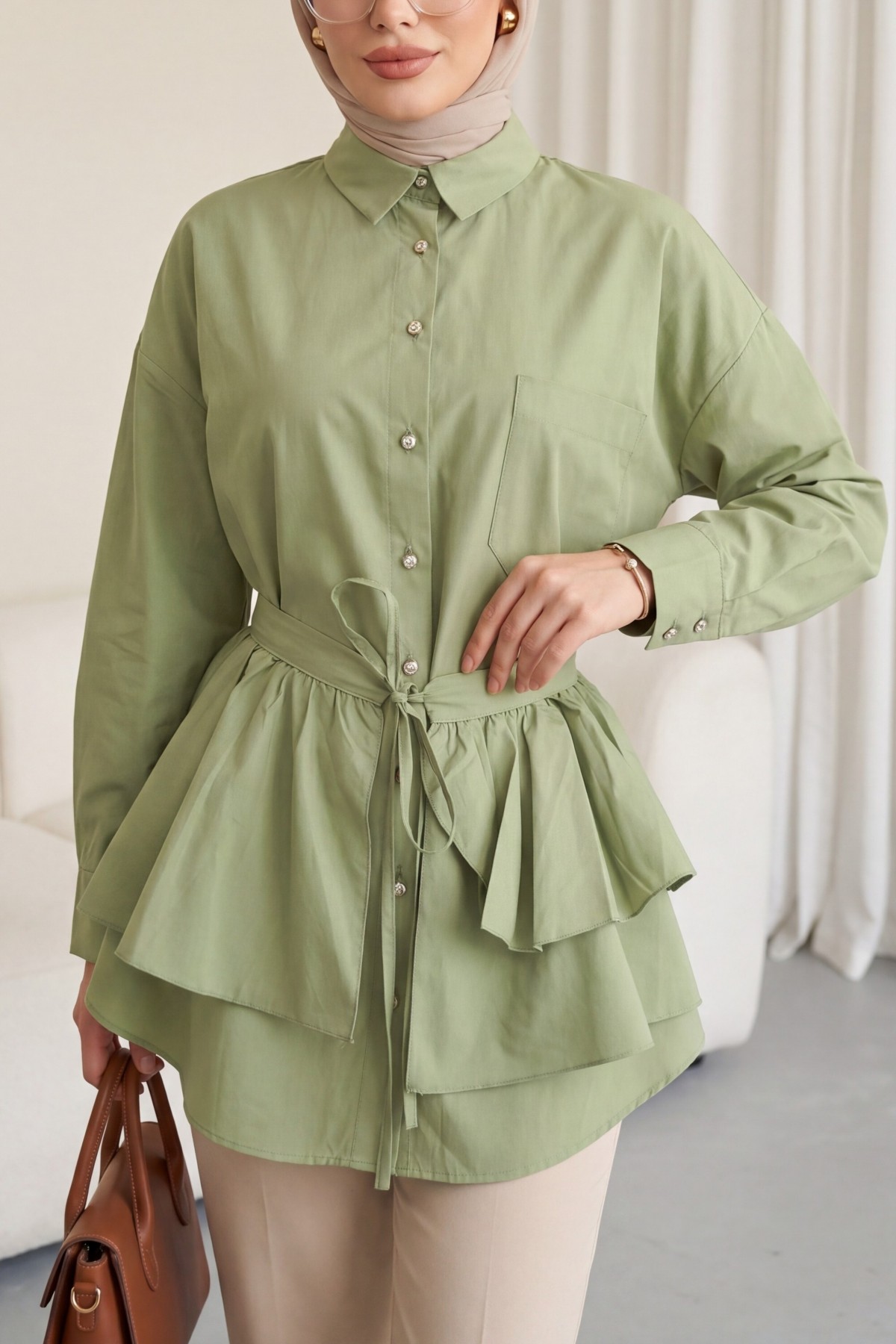 Oval Cut Poplin Tunic with Cape Detail and Button Closure -Cagla Green