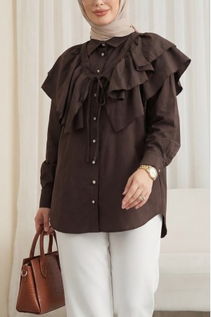 Oval Cut Poplin Tunic with Cape Detail and Button Closure -Dark Coffee