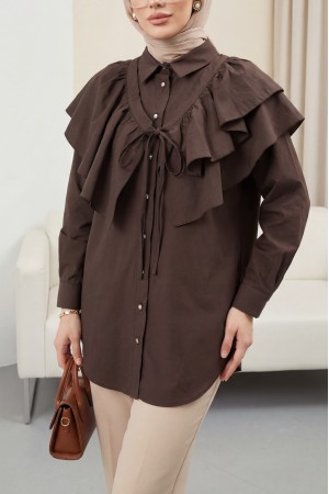 Oval Cut Poplin Tunic with Cape Detail and Button Closure -Dark Coffee