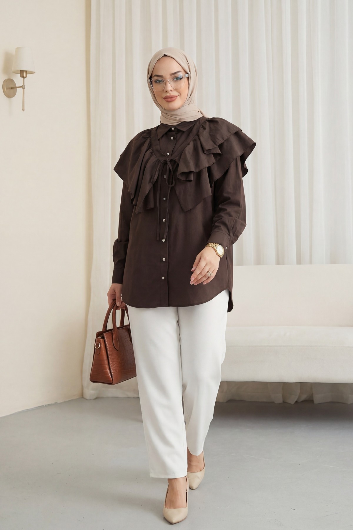 Pelerin Detaylı Düğmeli Oval Kesim Poplin Tunik -K. Kahve detay görseli