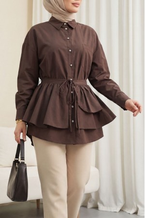 Pelerin Detaylı Düğmeli Oval Kesim Poplin Tunik -K. Kahve