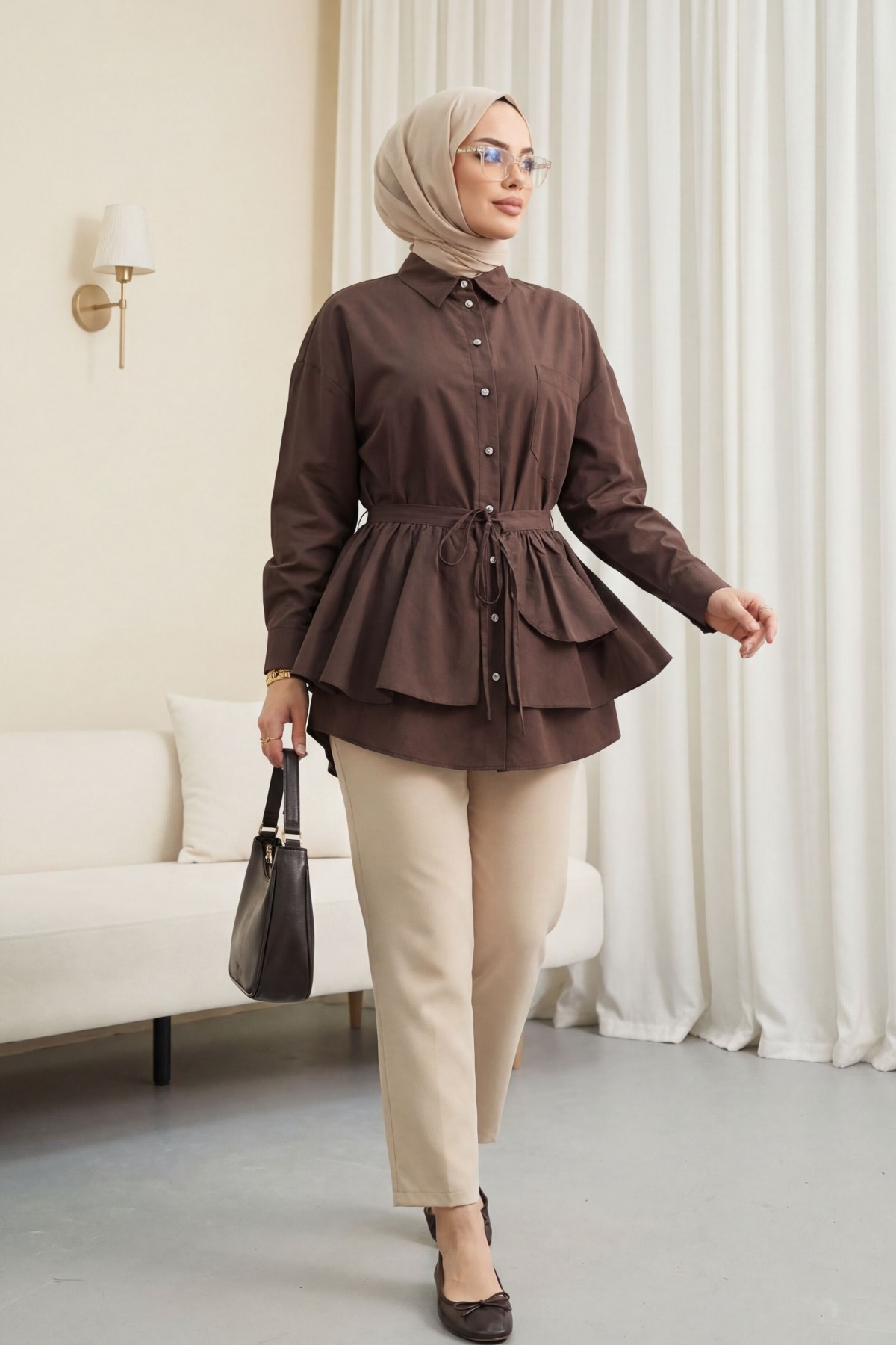 Pelerin Detaylı Düğmeli Oval Kesim Poplin Tunik -K. Kahve