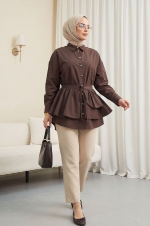 Oval Cut Poplin Tunic with Cape Detail and Button Closure -Dark Coffee