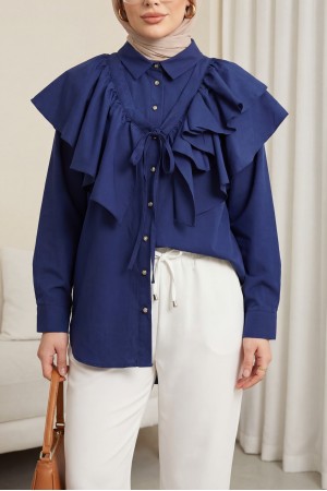 Oval Cut Poplin Tunic with Cape Detail and Button Closure -Navy blue