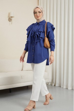 Oval Cut Poplin Tunic with Cape Detail and Button Closure -Navy blue