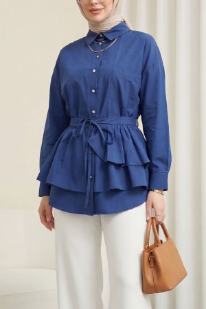 Oval Cut Poplin Tunic with Cape Detail and Button Closure -Navy blue