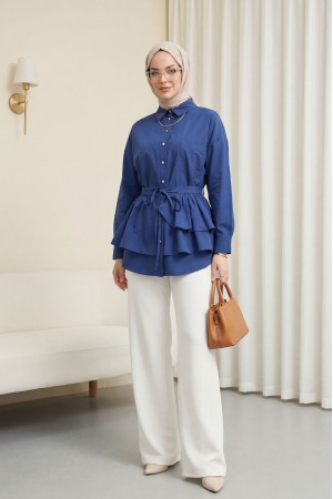 Oval Cut Poplin Tunic with Cape Detail and Button Closure -Navy blue