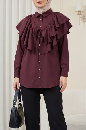 Oval Cut Poplin Tunic with Cape Detail and Button Closure -Damson