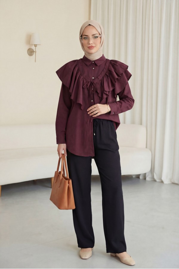 Pelerin Detaylı Düğmeli Oval Kesim Poplin Tunik -Mürdüm