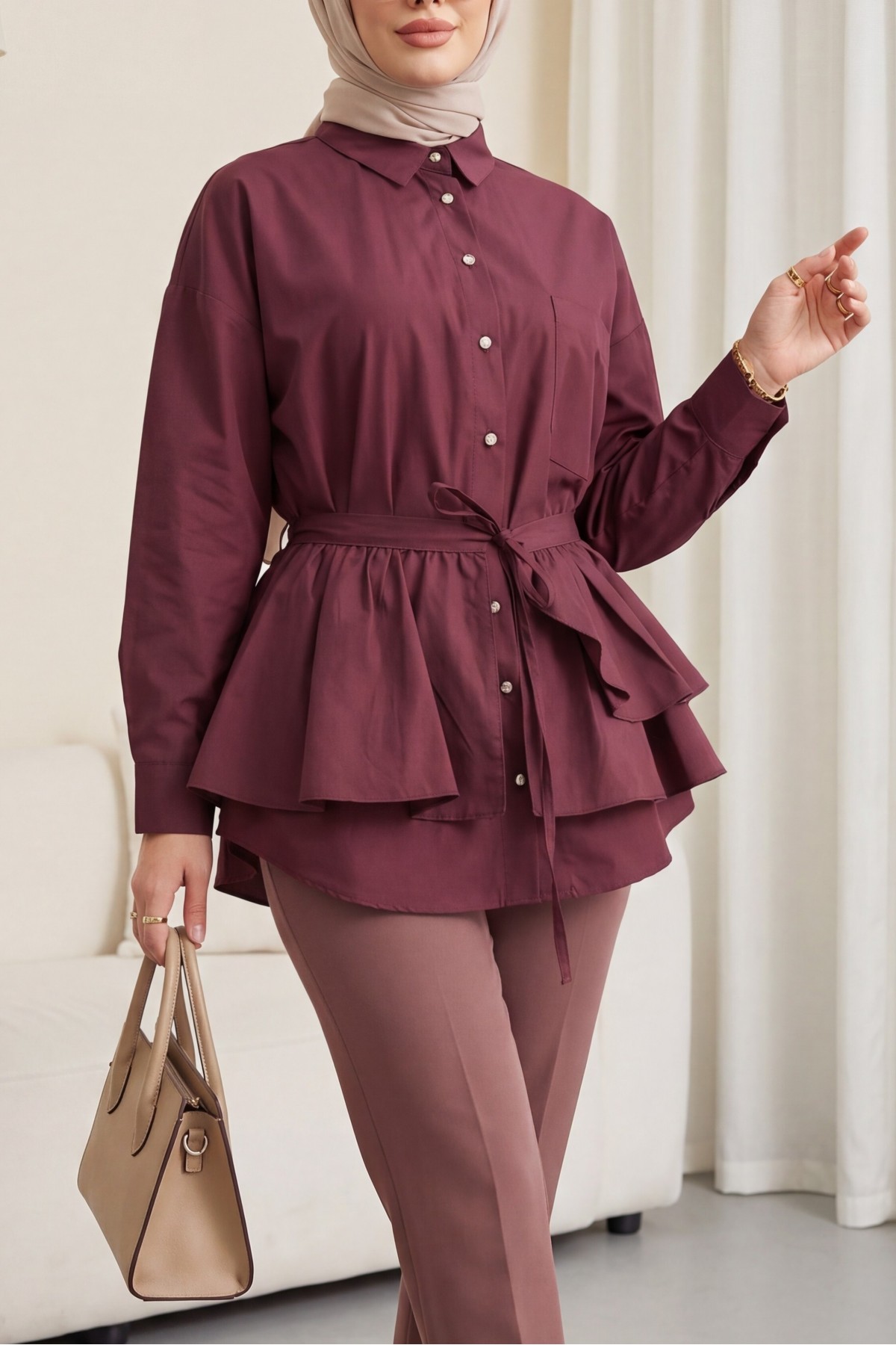 Oval Cut Poplin Tunic with Cape Detail and Button Closure -Damson