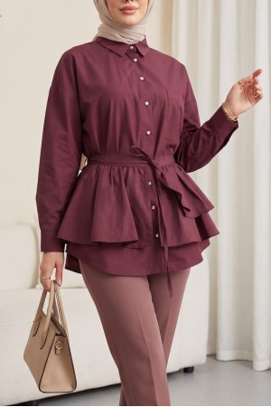 Pelerin Detaylı Düğmeli Oval Kesim Poplin Tunik -Mürdüm