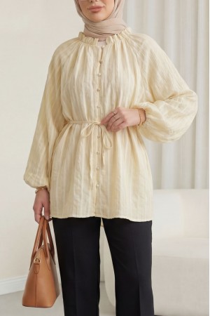 Yakası Fırfırlı Balon Kol Biritli Gofre Gömlek -Açık Sarı