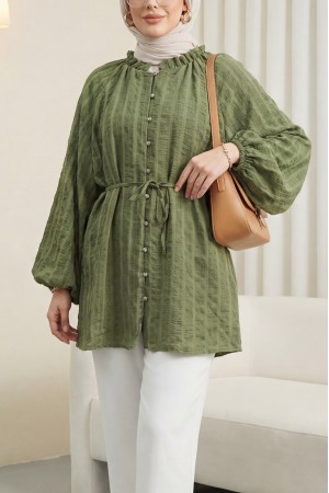 Yakası Fırfırlı Balon Kol Biritli Gofre Gömlek -Haki