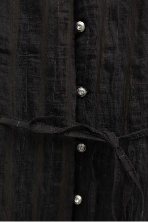 Ruffled Collar, Balloon Sleeve, Button-Down Waffle Shirt -Dark Coffee