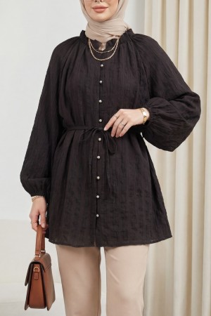 Ruffled Collar, Balloon Sleeve, Button-Down Waffle Shirt -Dark Coffee