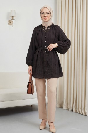 Ruffled Collar, Balloon Sleeve, Button-Down Waffle Shirt -Dark Coffee