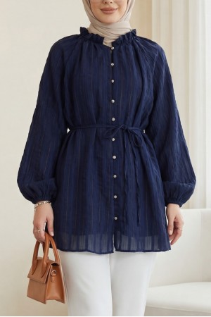 Ruffled Collar, Balloon Sleeve, Button-Down Waffle Shirt -Navy blue