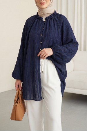 Ruffled Collar, Balloon Sleeve, Button-Down Waffle Shirt -Navy blue