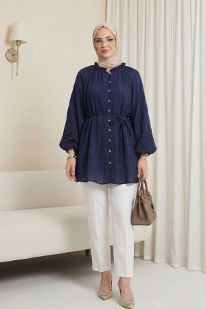 Ruffled Collar, Balloon Sleeve, Button-Down Waffle Shirt -Navy blue