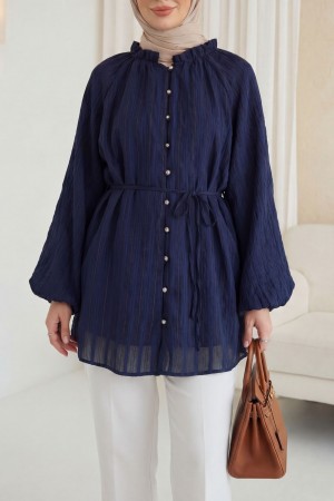 Ruffled Collar, Balloon Sleeve, Button-Down Waffle Shirt -Navy blue