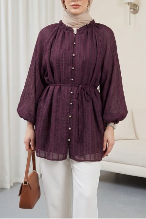 Ruffled Collar, Balloon Sleeve, Button-Down Waffle Shirt -Damson