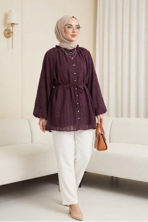 Ruffled Collar, Balloon Sleeve, Button-Down Waffle Shirt -Damson